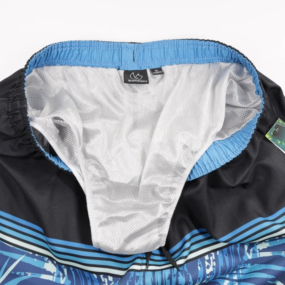 Burnside Mens‎ Pocket Quick Dry Tropical Print Swim Trunks Shorts Black/Blue XL